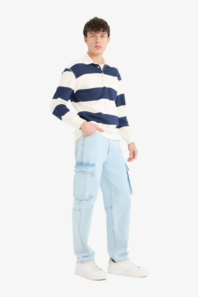 Relax Fit Polo Collar Striped Thick Sweatshirt Main Image