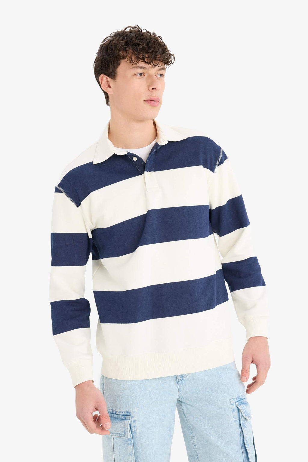 Relax Fit Polo Collar Striped Thick Sweatshirt