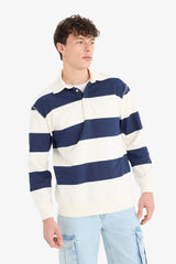 Relax Fit Polo Collar Striped Thick Sweatshirt