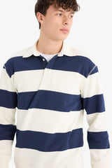 Relax Fit Polo Collar Striped Thick Sweatshirt