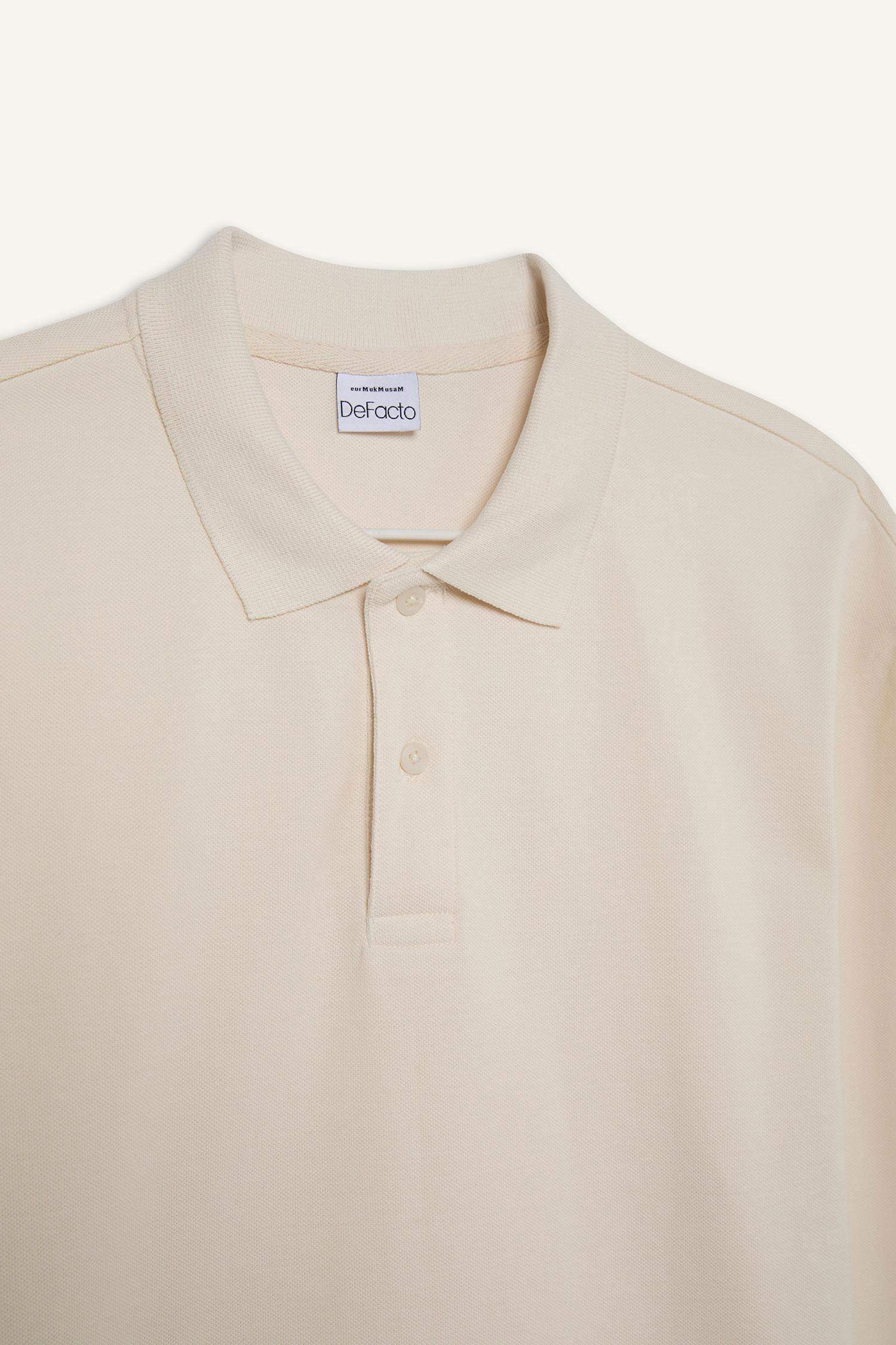 100% Cotton New Regular Fit Basic Plain Long Sleeve Textured Pique Polo T-Shirt