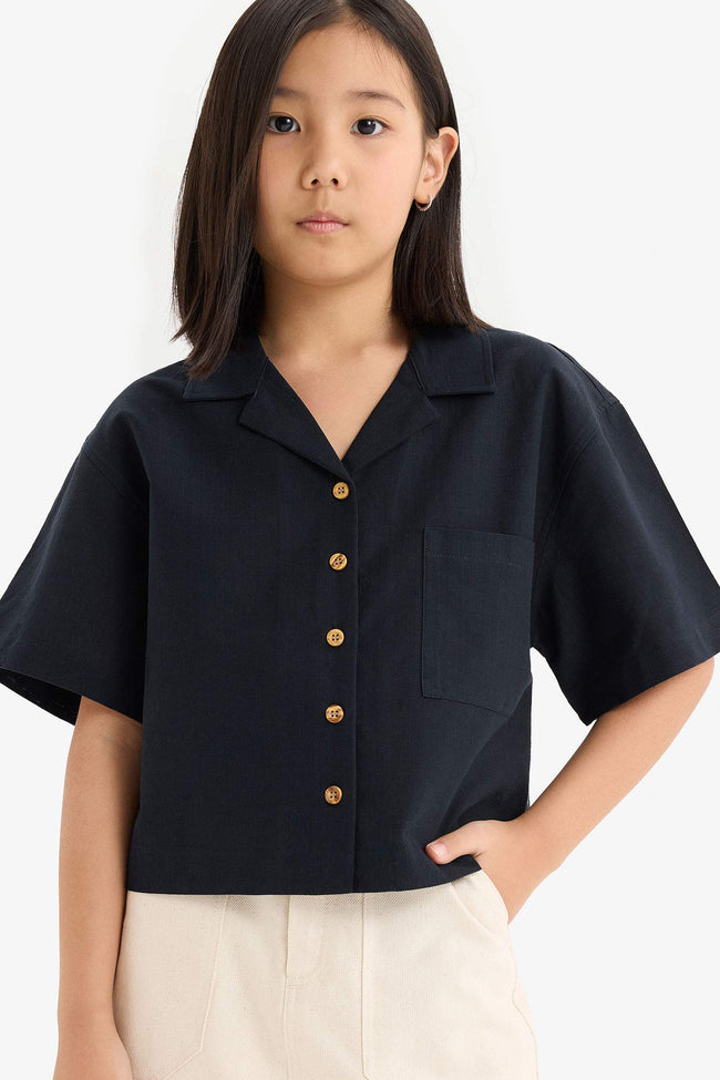Girl Linen Short Sleeve Crop Shirt Hover Image