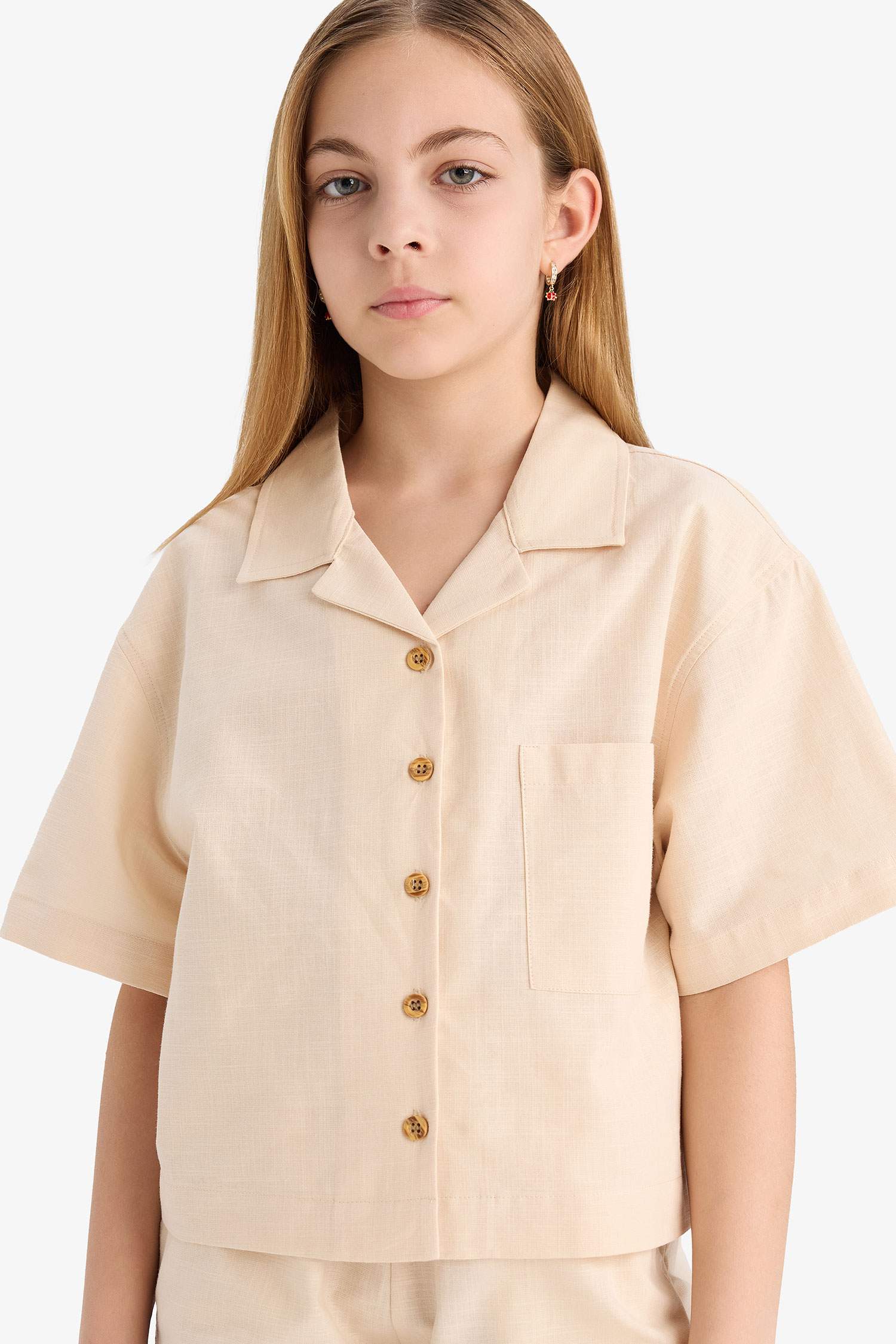 Girl Linen Short Sleeve Crop Shirt