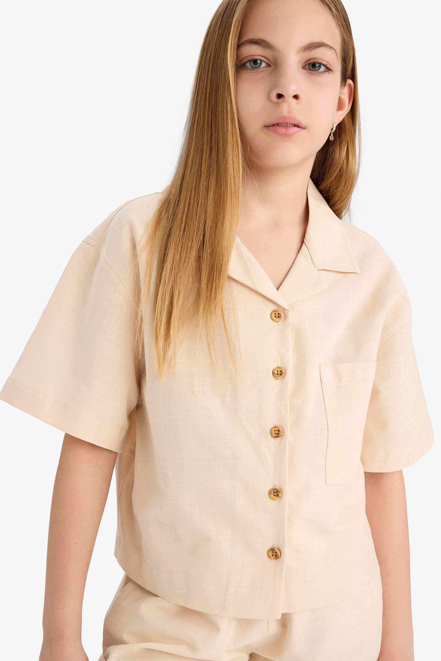 Girl Linen Short Sleeve Crop Shirt