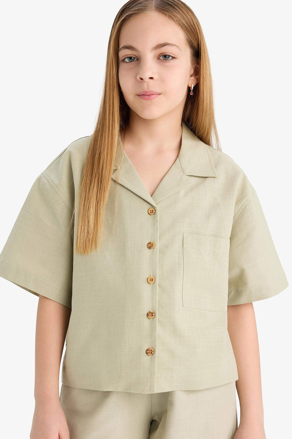 Girl Linen Short Sleeve Crop Shirt