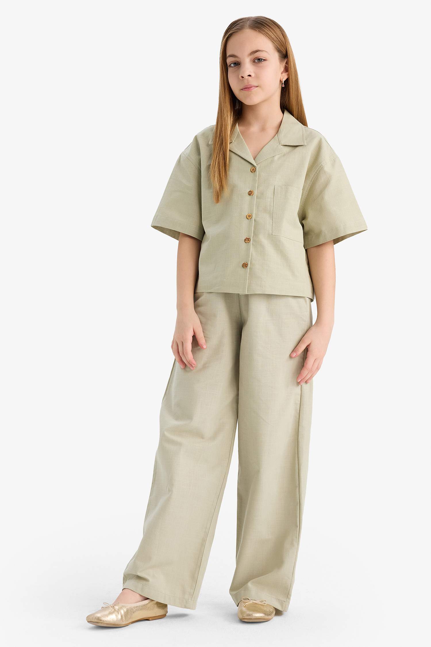 Girl Linen Short Sleeve Crop Shirt