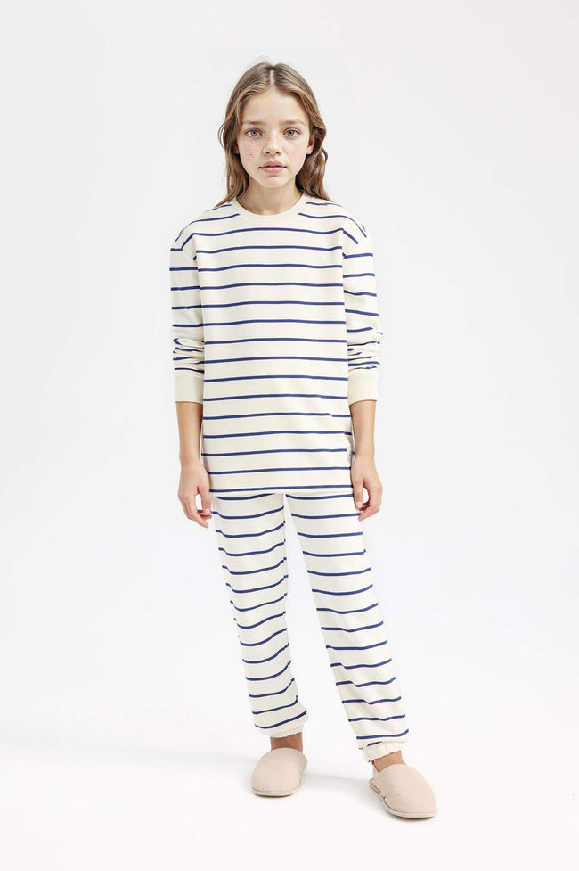 Girls Pajama Set Striped Long Sleeve Top and Elastic Waist Long Bottom Hover Image