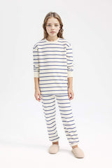Girls Pajama Set Striped Long Sleeve Top and Elastic Waist Long Bottom