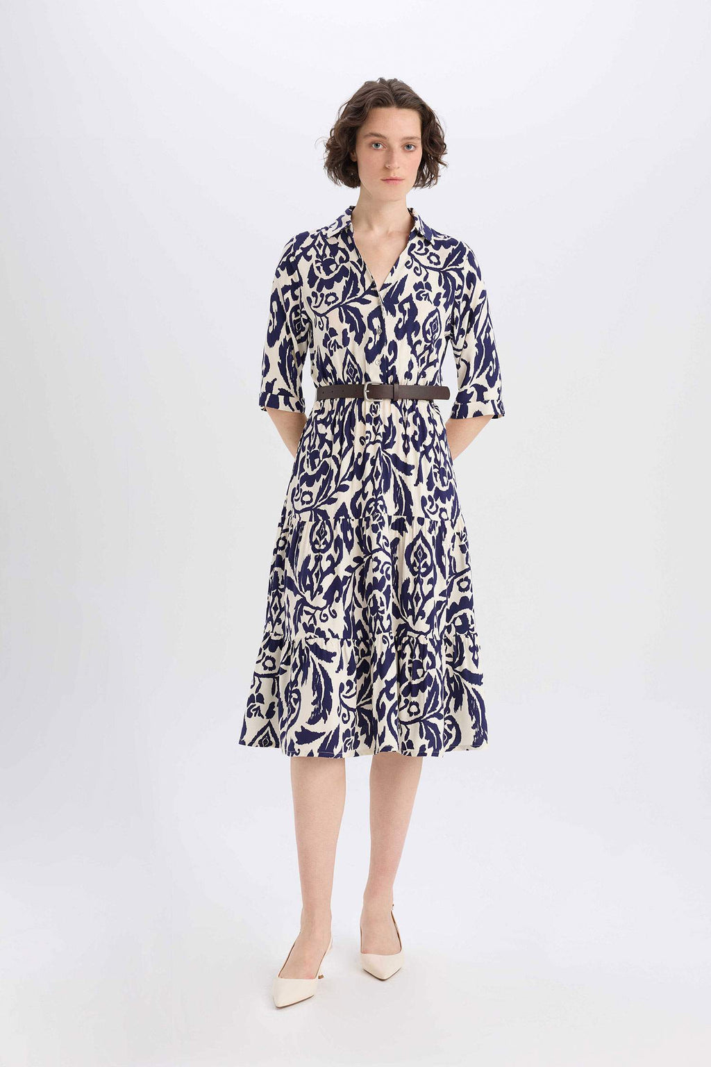 Shirt Collar Printed Midi Dress