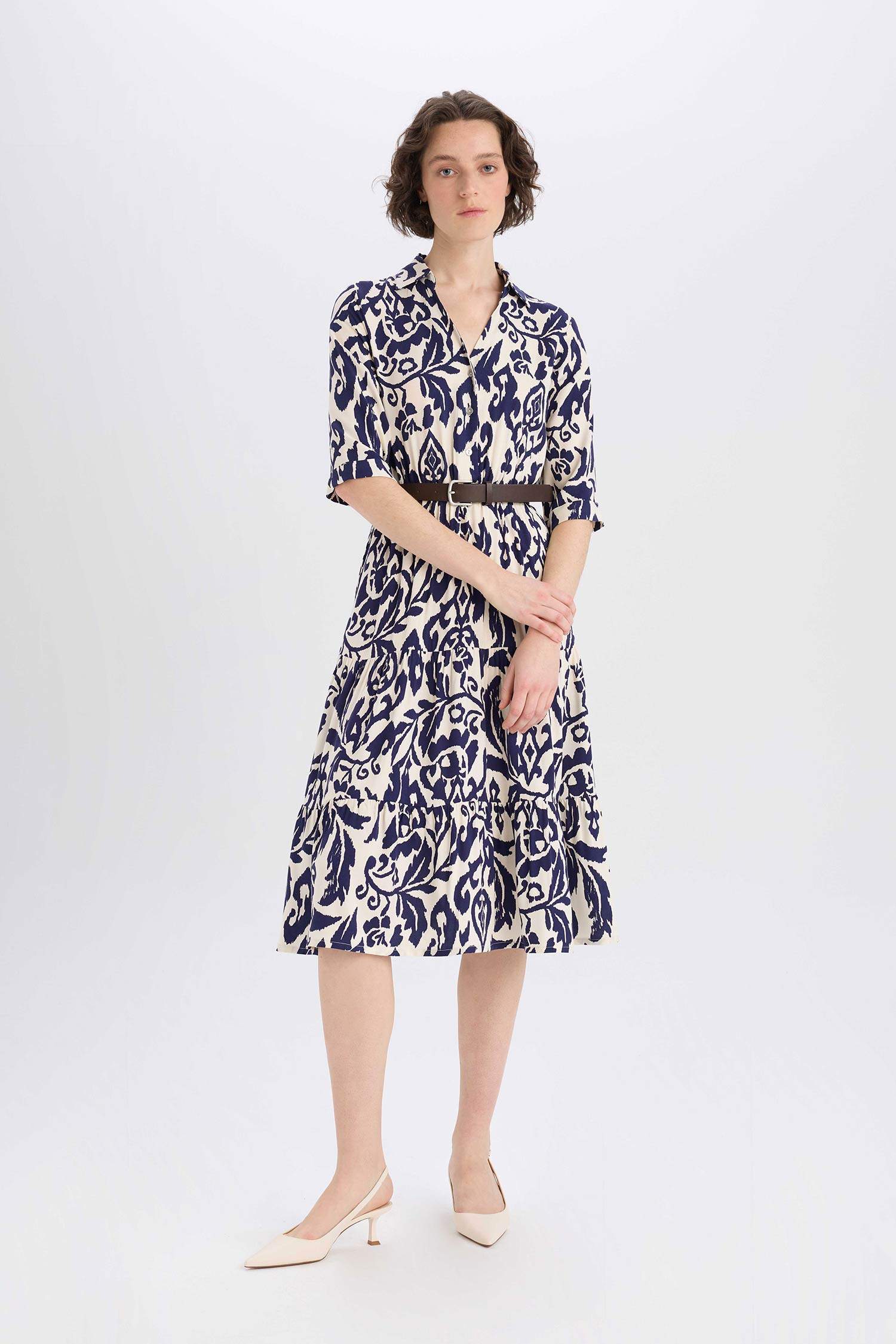 Shirt Collar Printed Midi Dress