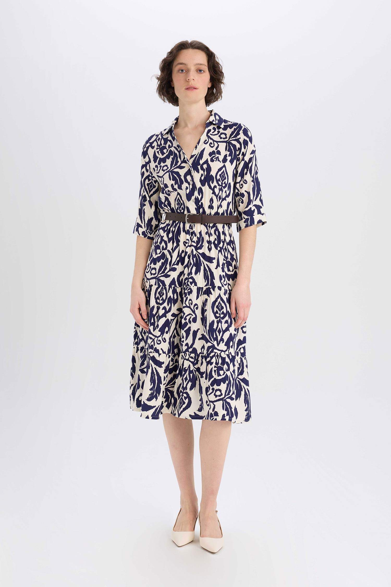 Shirt Collar Printed Midi Dress