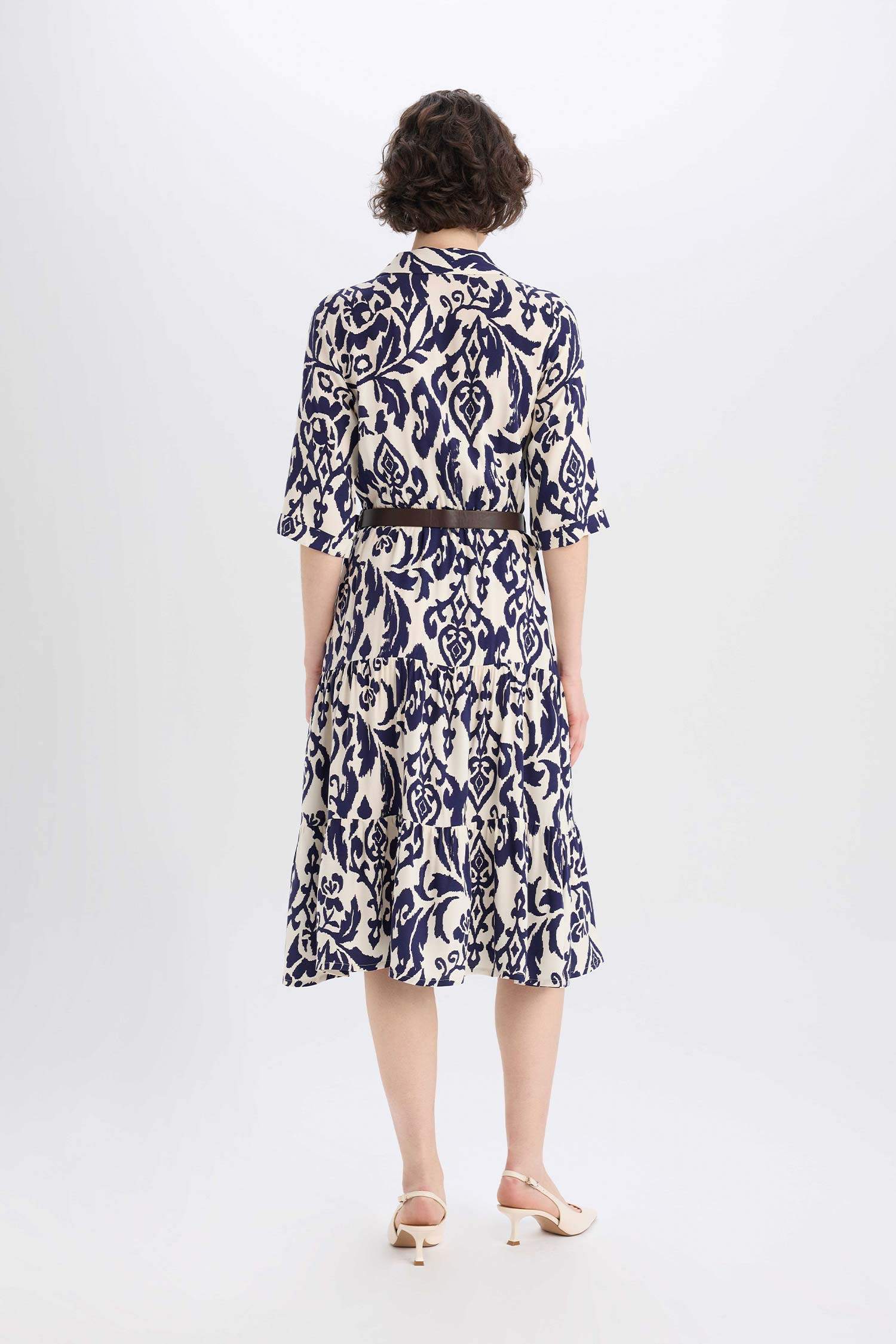 Shirt Collar Printed Midi Dress