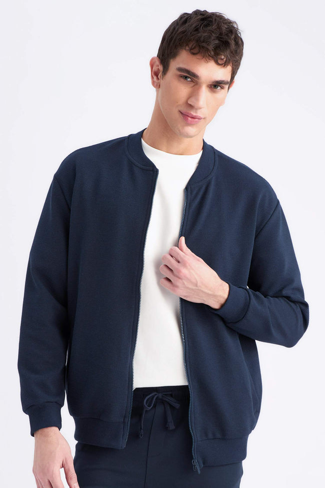 Relax Fit College Collar Textured Bomber Cardigan Hover Image