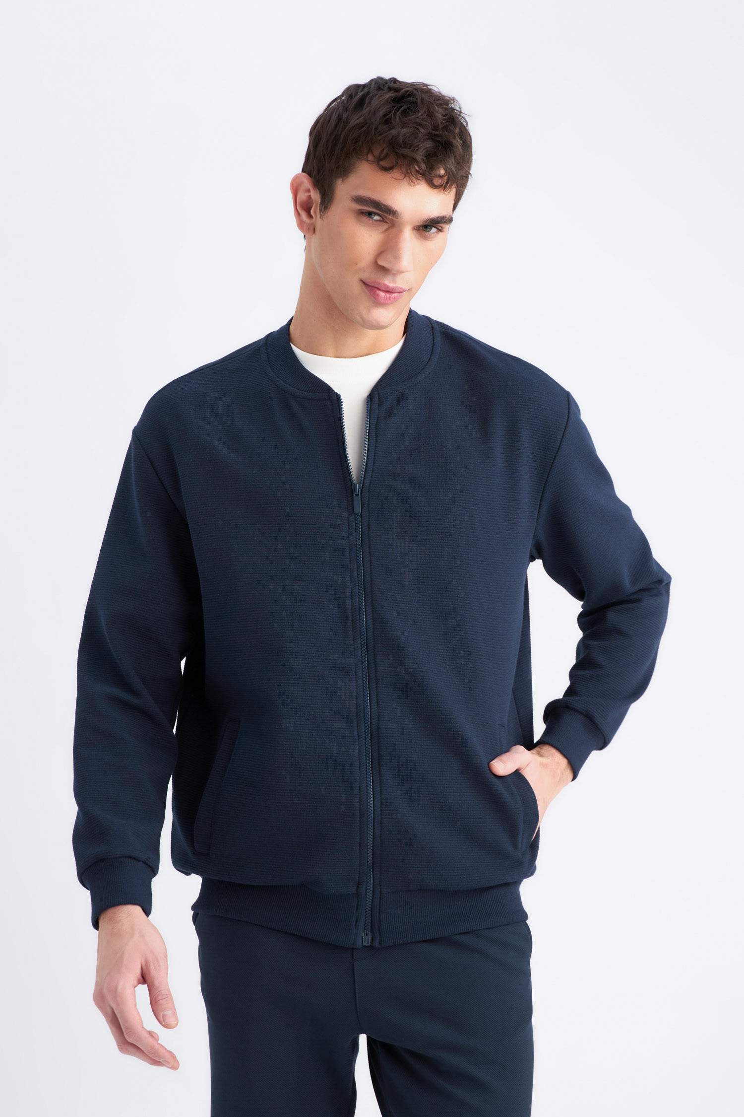Relax Fit College Collar Textured Bomber Cardigan