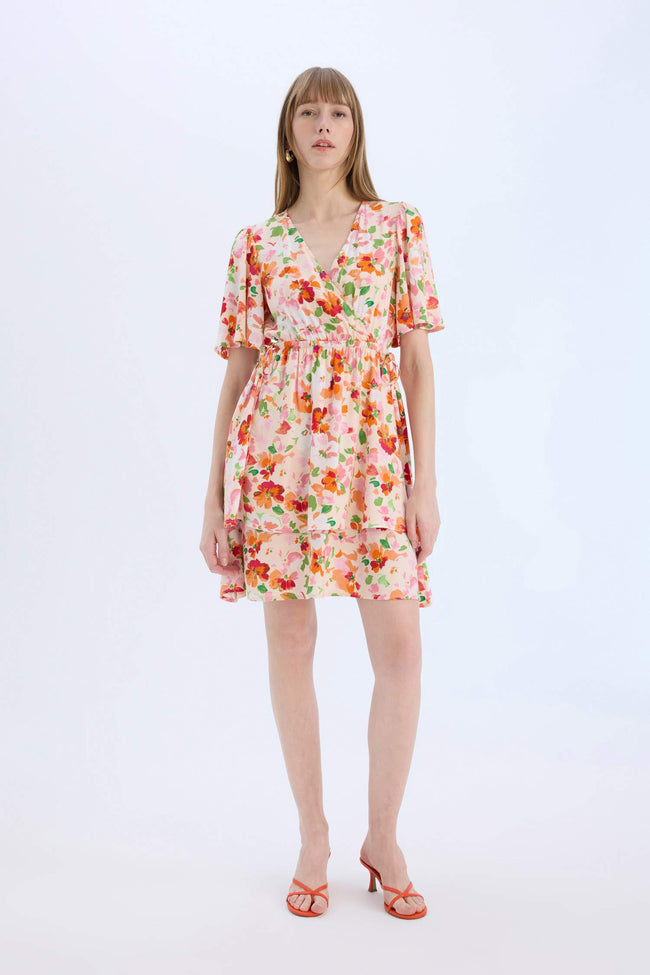 Wrap Collar Floral Butterfly Sleeves Mini Dress Main Image