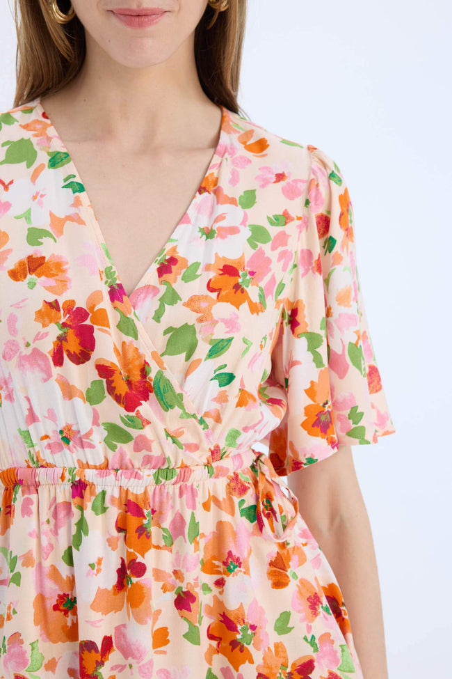 Wrap Collar Floral Butterfly Sleeves Mini Dress Hover Image