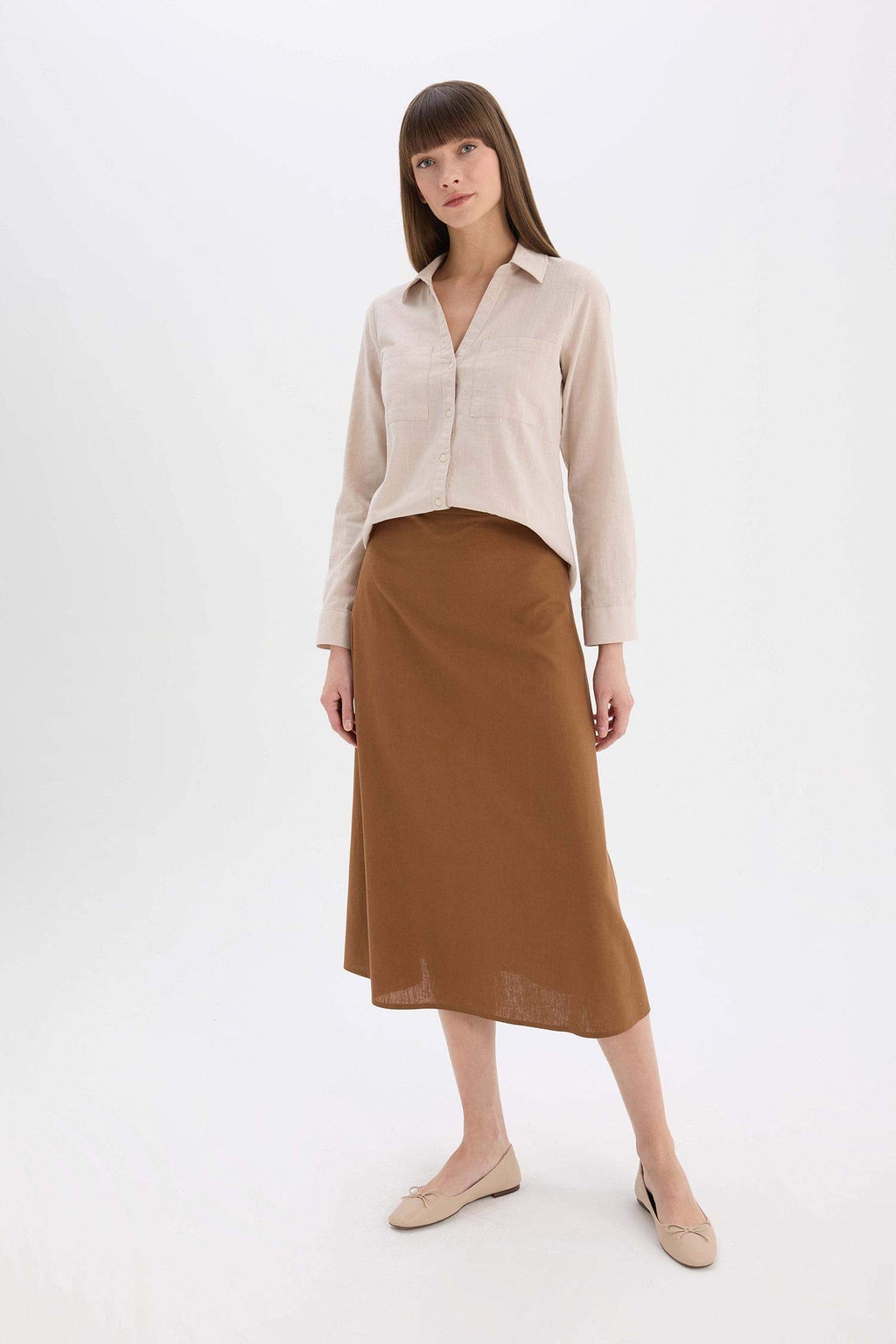 A Cut Normal Waist Linen Blend Maxi Skirt