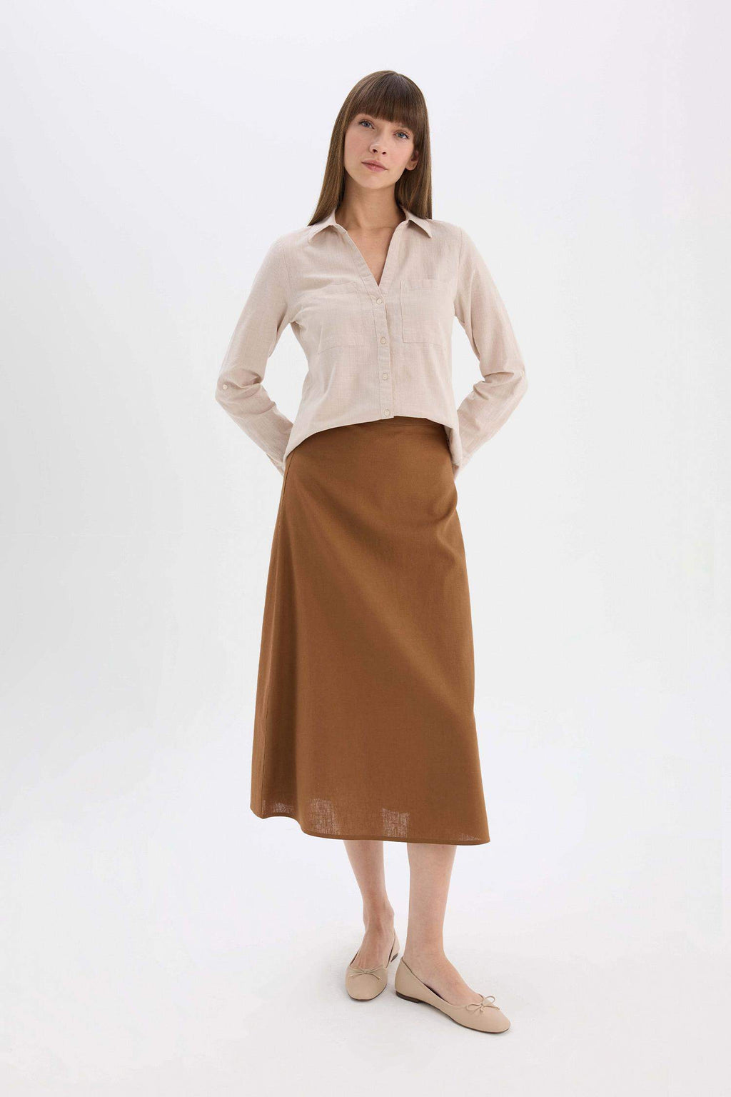A Cut Normal Waist Linen Blend Maxi Skirt