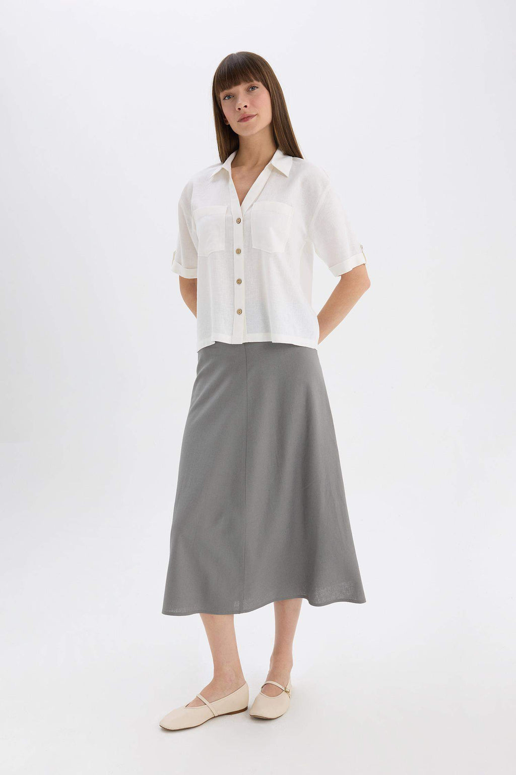A Cut Normal Waist Linen Blend Maxi Skirt