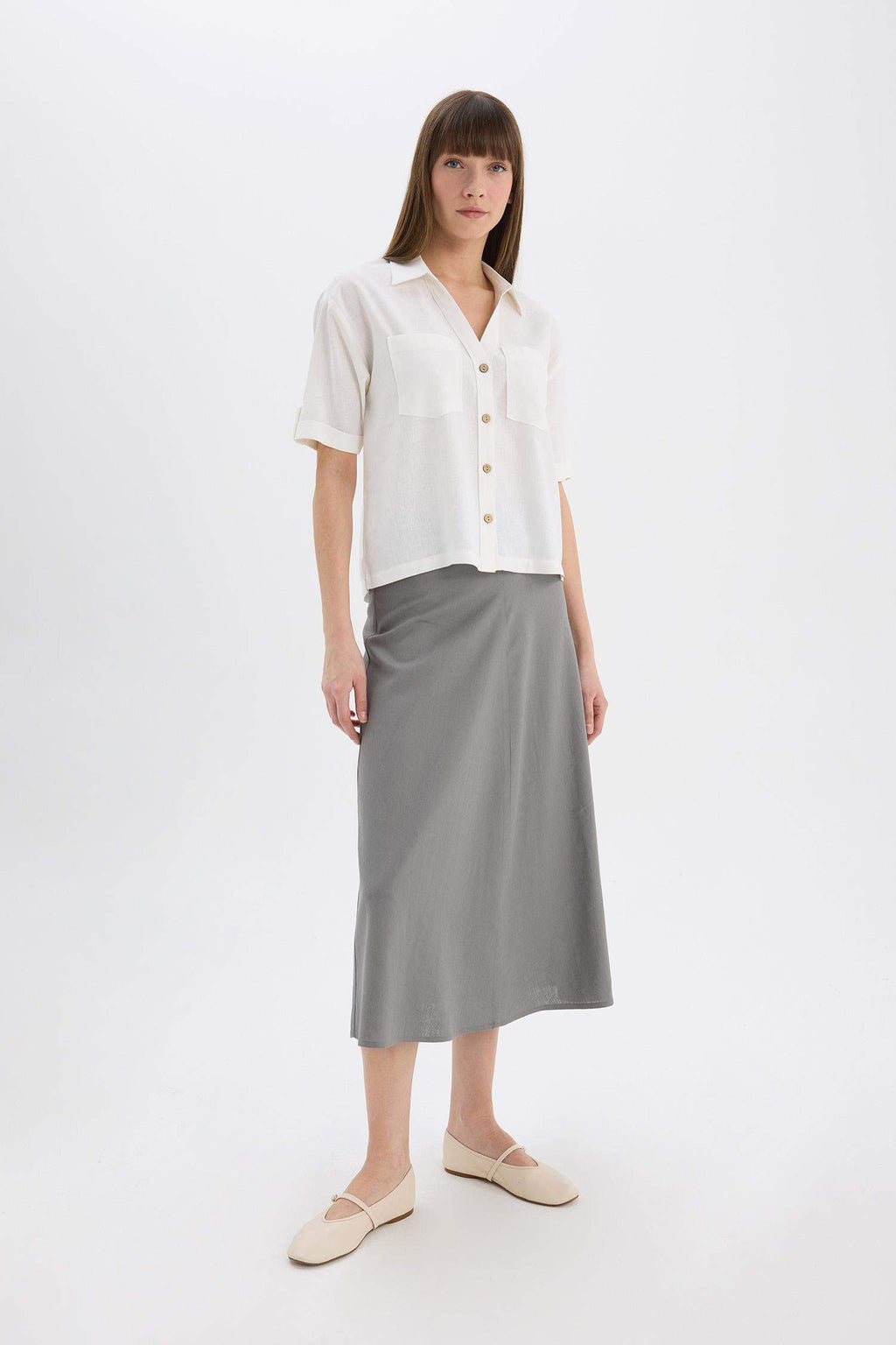 A Cut Normal Waist Linen Blend Maxi Skirt