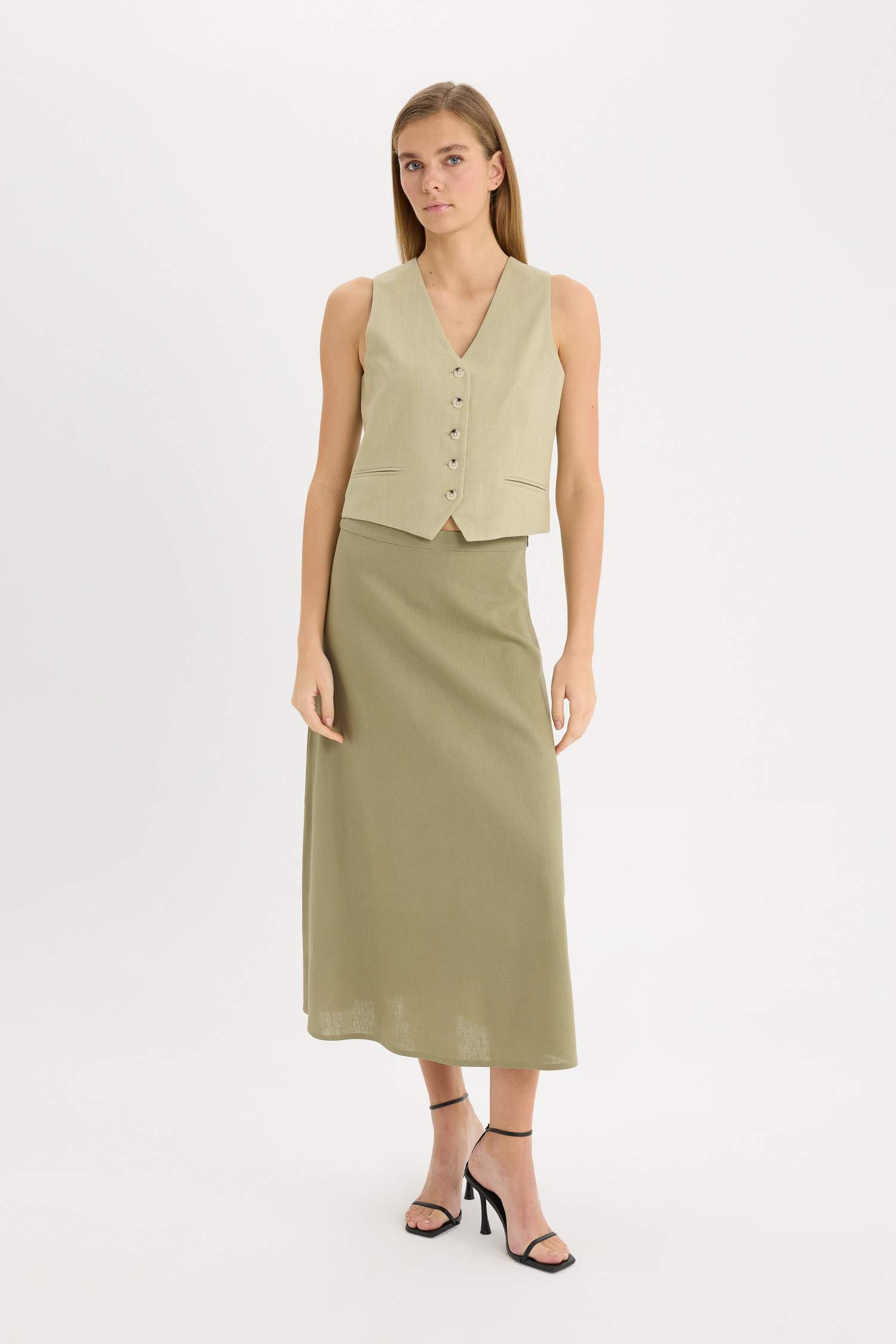 A Cut Normal Waist Linen Blend Maxi Skirt