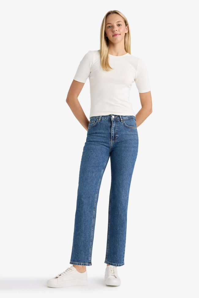 Comfort Straight High Waist Ankle Length Washed Jean Trousers Hover Image