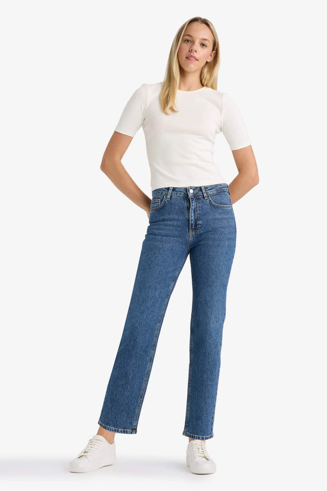 Comfort Straight High Waist Ankle Length Washed Jean Trousers Main Image