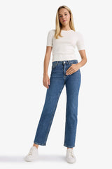 Comfort Straight High Waist Ankle Length Washed Jean Trousers