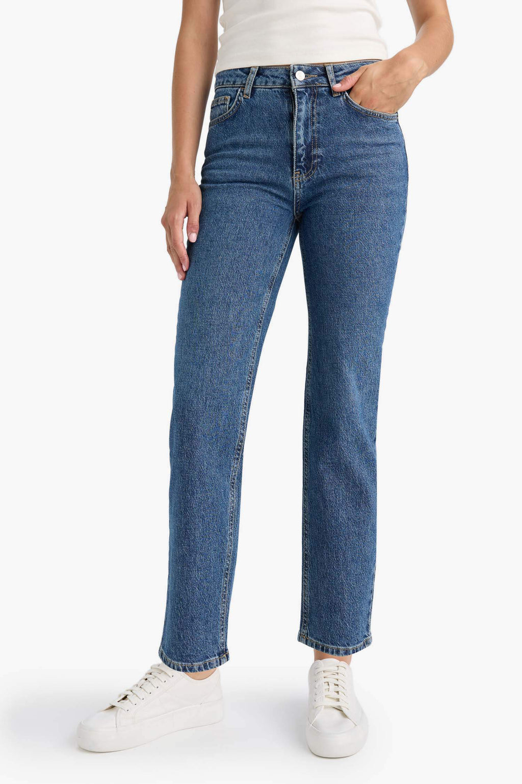 Comfort Straight High Waist Ankle Length Washed Jean Trousers