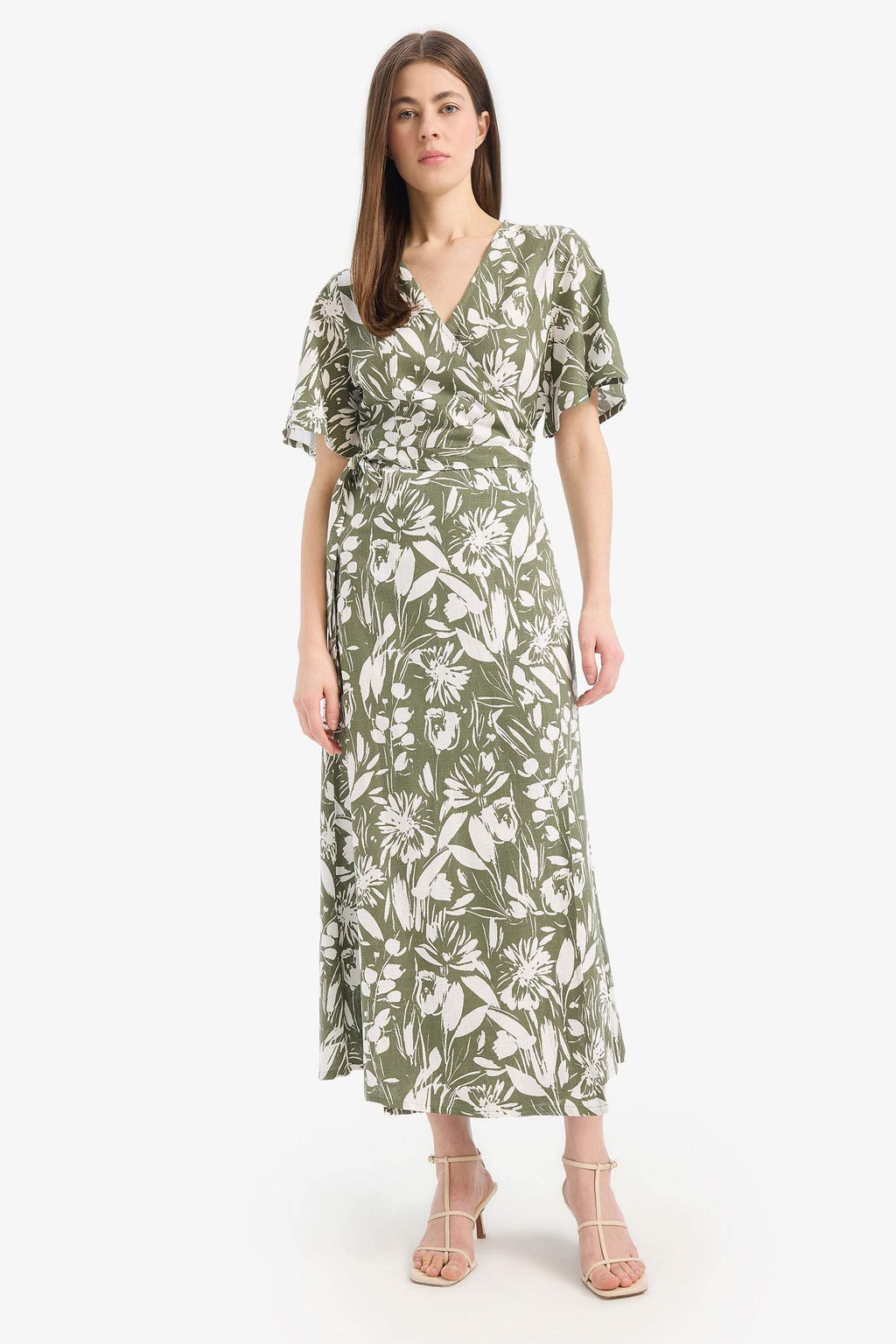 Wrapped Shoulder Floral Linen Short Sleeve Maxi Combination Dress