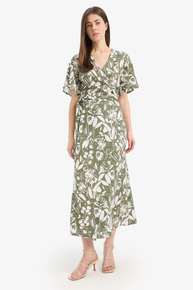 Wrapped Shoulder Floral Linen Short Sleeve Maxi Combination Dress Main Image