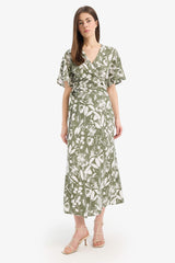 Wrapped Shoulder Floral Linen Short Sleeve Maxi Combination Dress