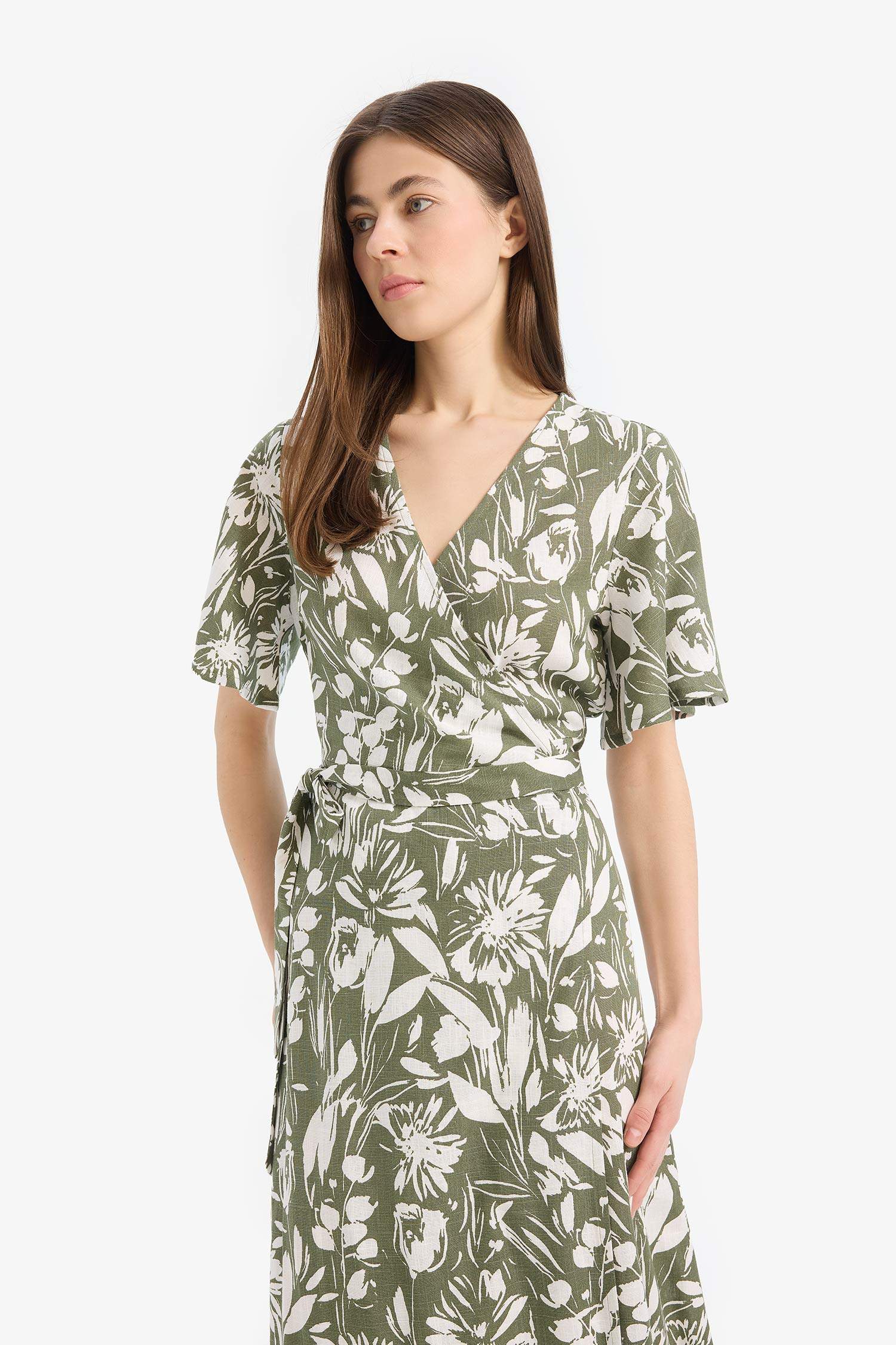 Wrapped Shoulder Floral Linen Short Sleeve Maxi Combination Dress