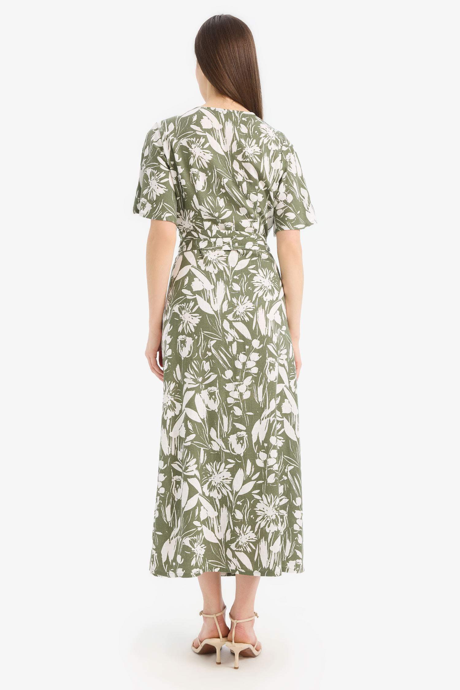 Wrapped Shoulder Floral Linen Short Sleeve Maxi Combination Dress