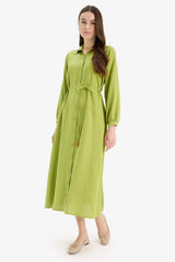 Shirt Collar Belted Linen Blend Long Sleeve Maxi Dress