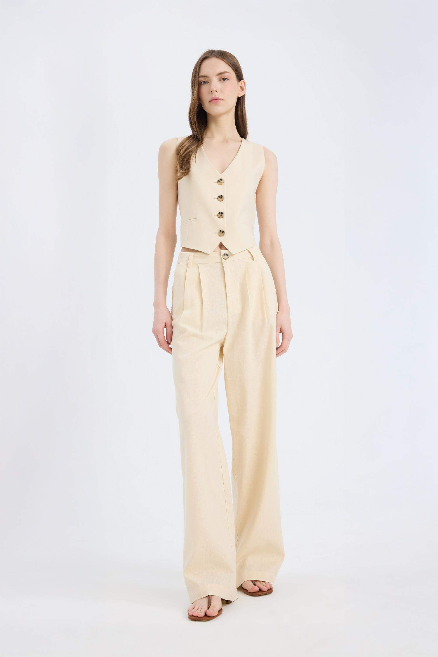 Wide Leg Three Pocket High Waist Linen Blend Trousers