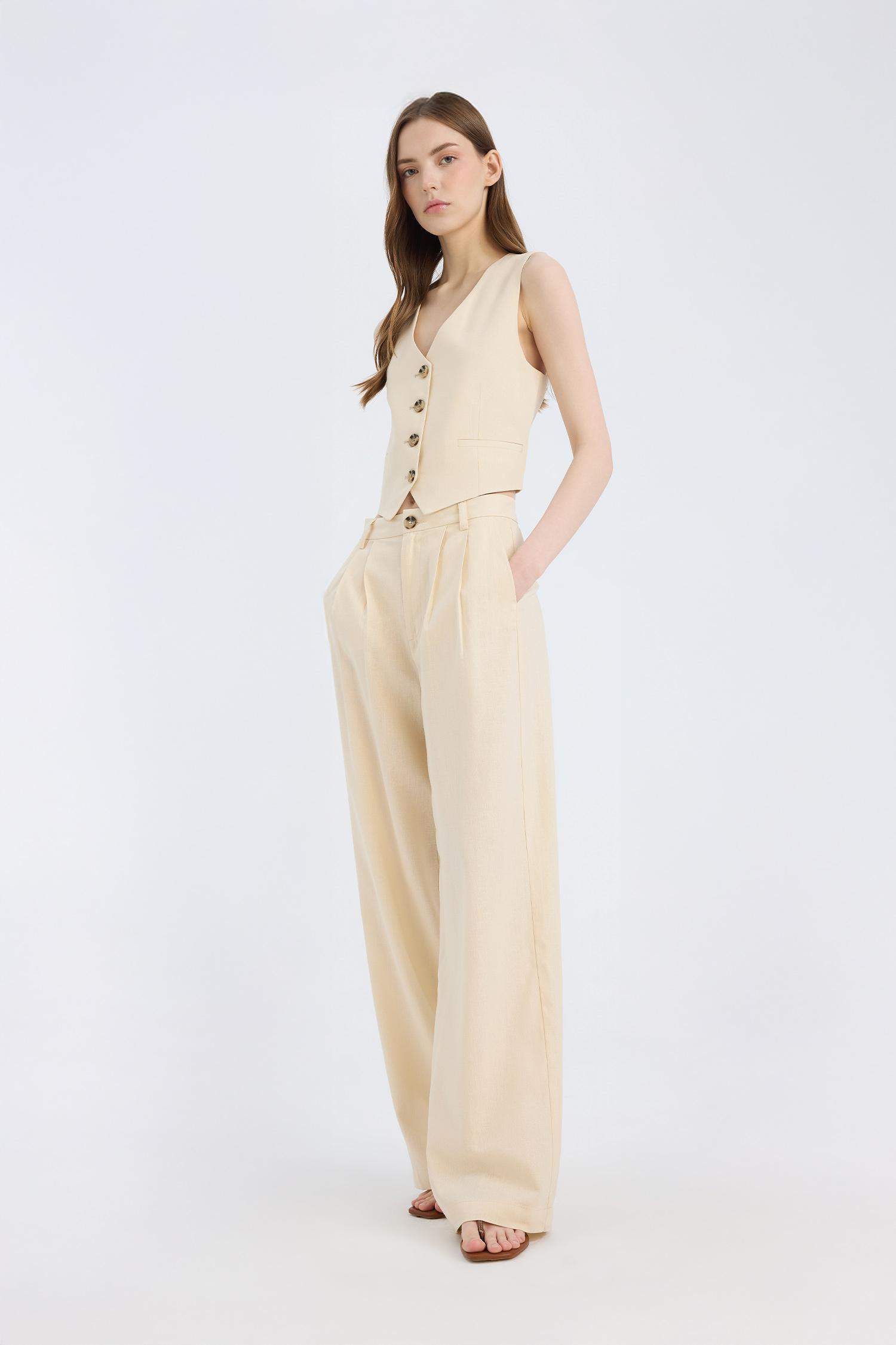 Wide Leg Three Pocket High Waist Linen Blend Trousers