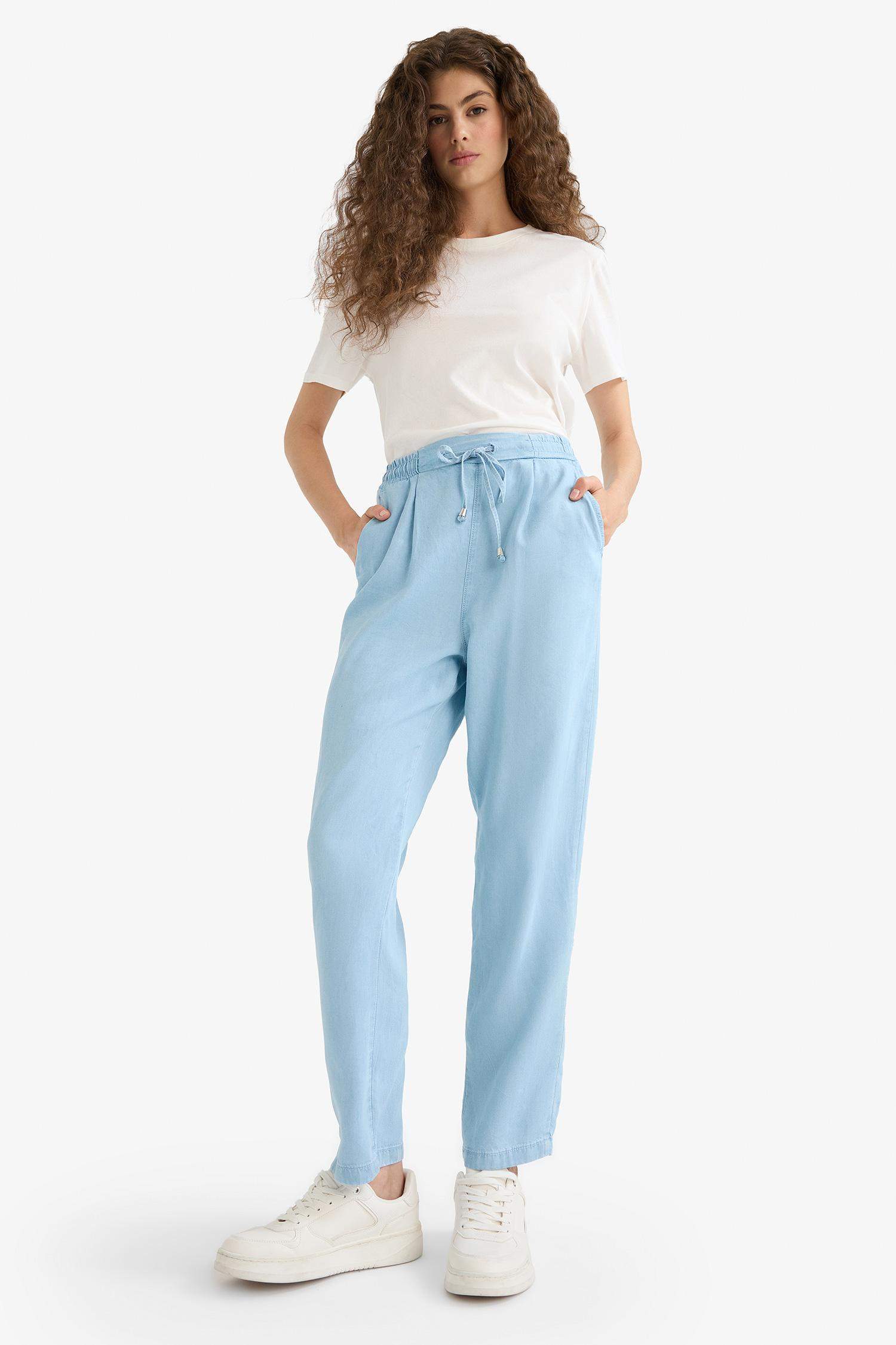 Pull On Carrot Fit High Waist Ankle Length Tencel Washed Trousers