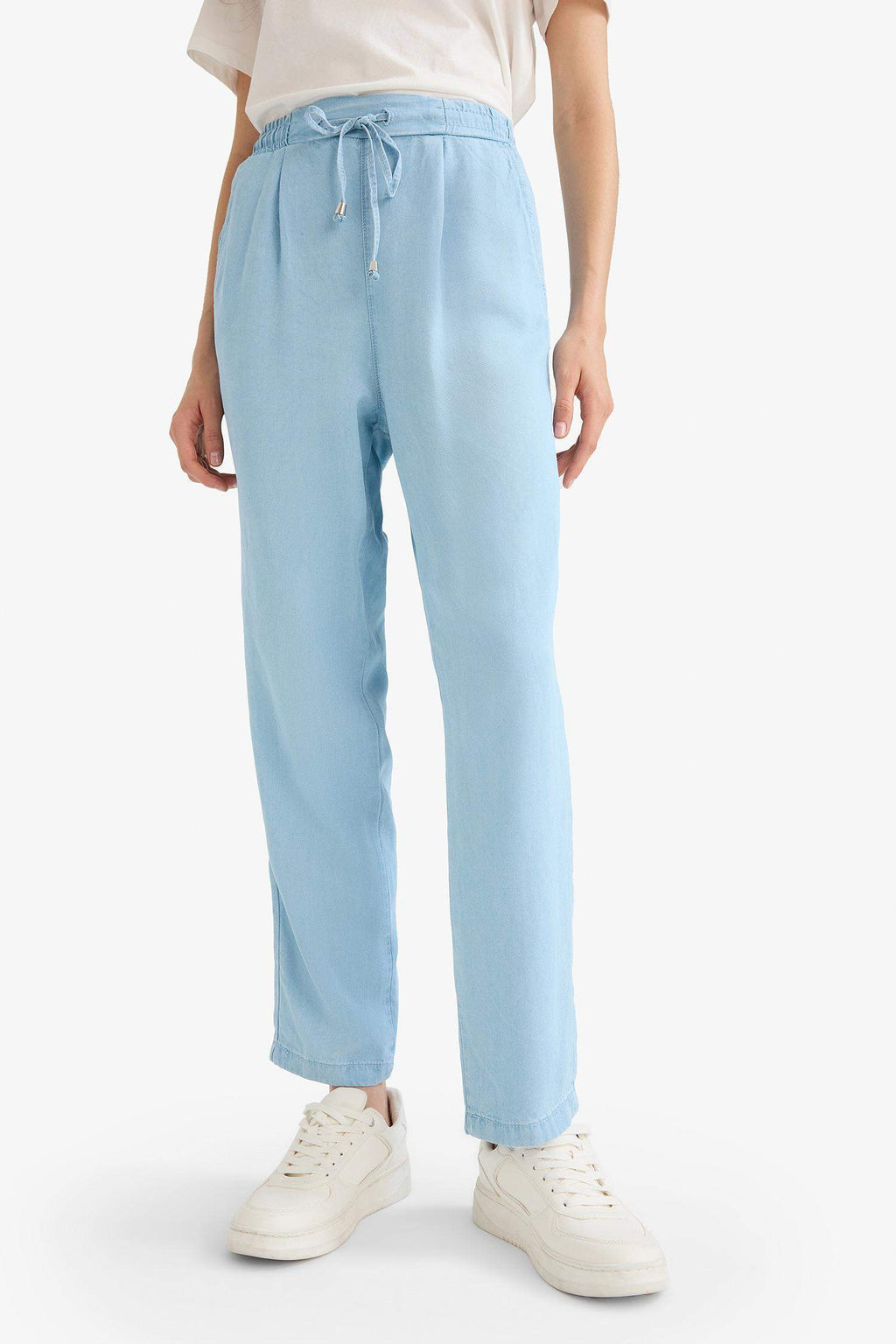 Pull On Carrot Fit High Waist Ankle Length Tencel Washed Trousers