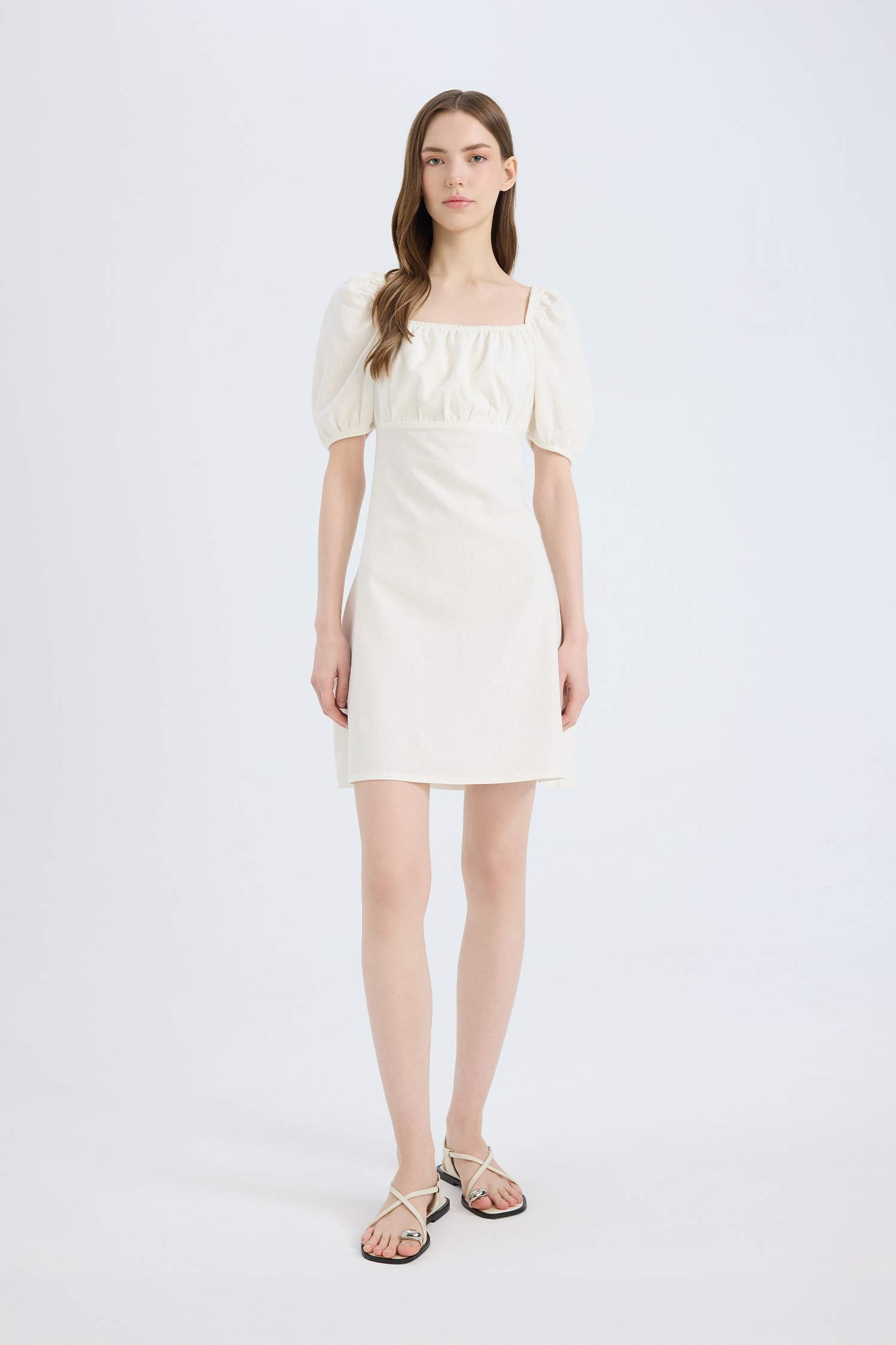 Short Linen A-Line Dress with Square Neckline