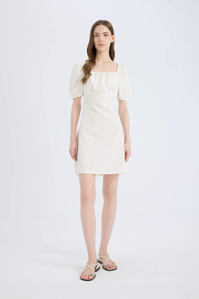 Short Linen A-Line Dress with Square Neckline Hover Image
