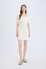 Short Linen A-Line Dress with Square Neckline