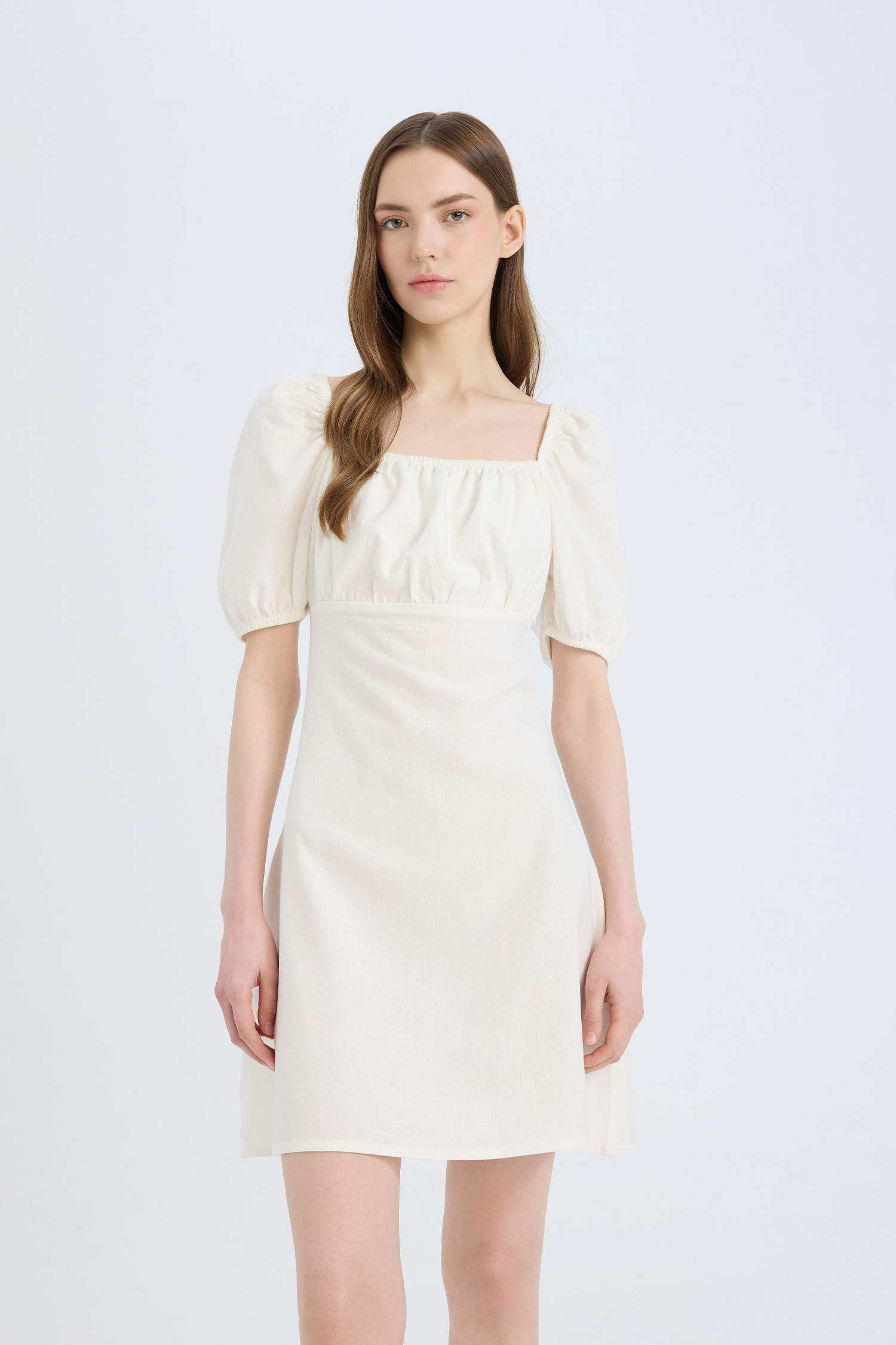 Short Linen A-Line Dress with Square Neckline
