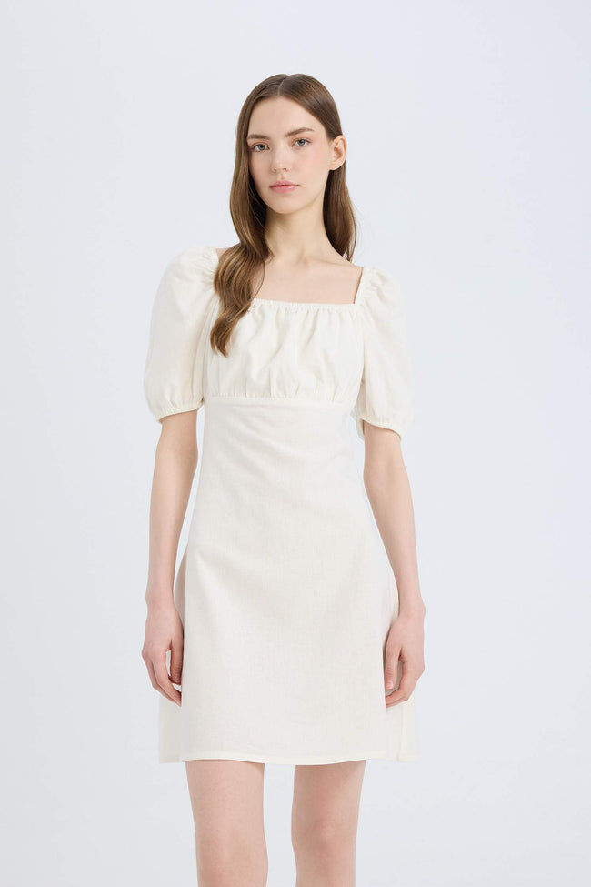 Short Linen A-Line Dress with Square Neckline Main Image