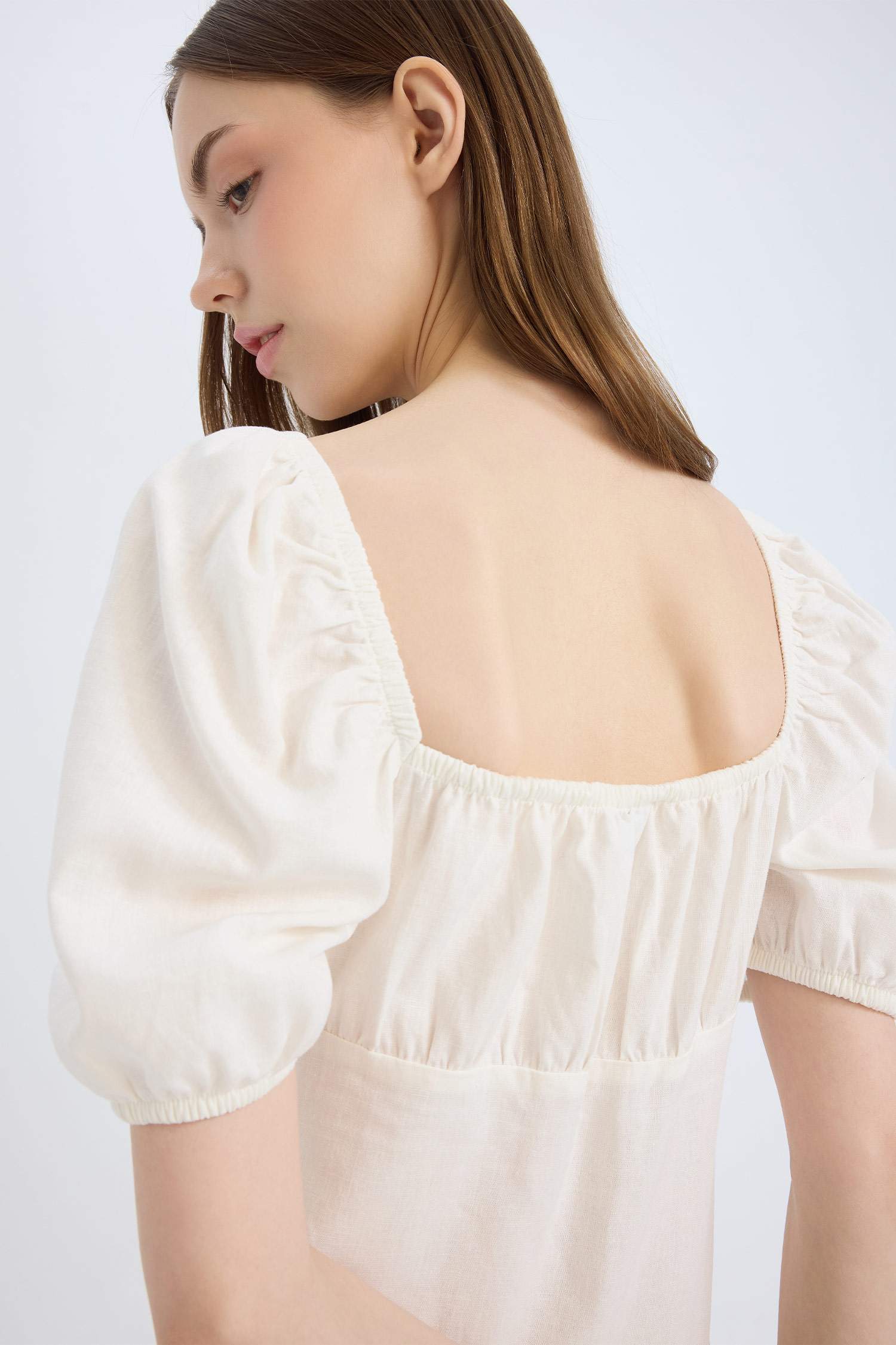 Short Linen A-Line Dress with Square Neckline