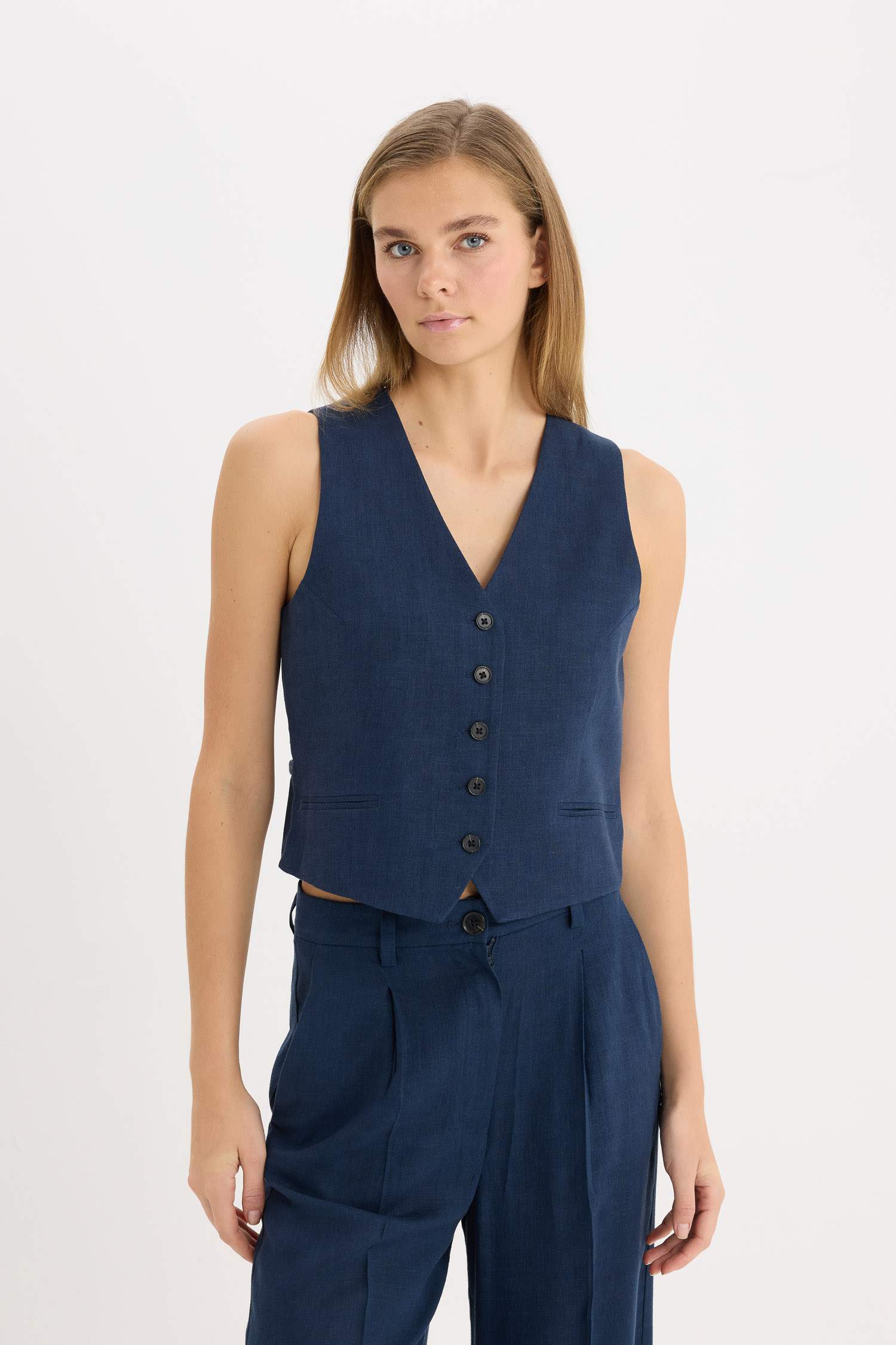 V Neck Linen Blend Vest