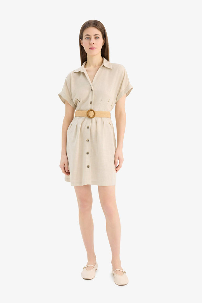 Shirt Collar Belted Linen Blend Mini Dress Hover Image
