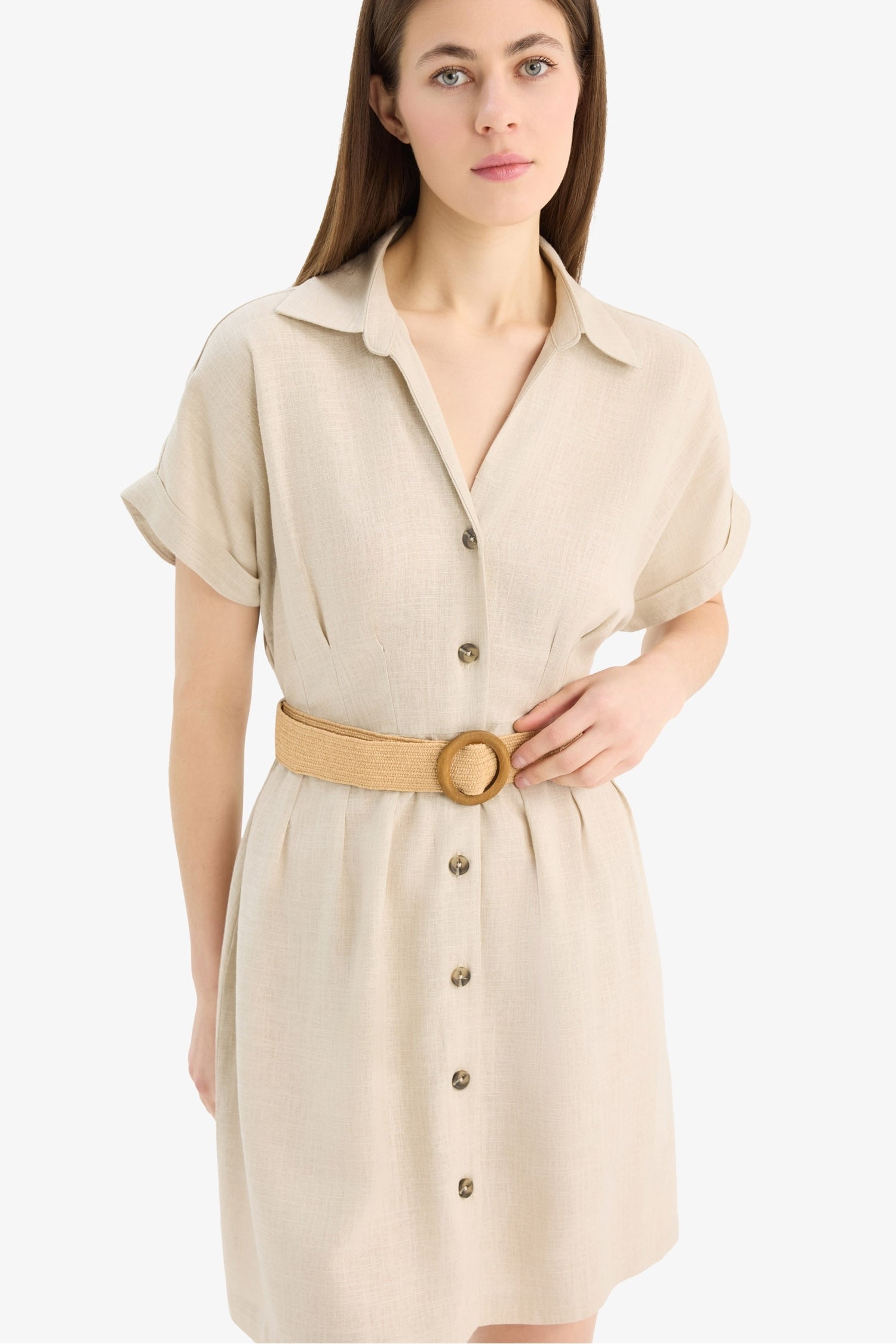 Shirt Collar Belted Linen Blend Mini Dress
