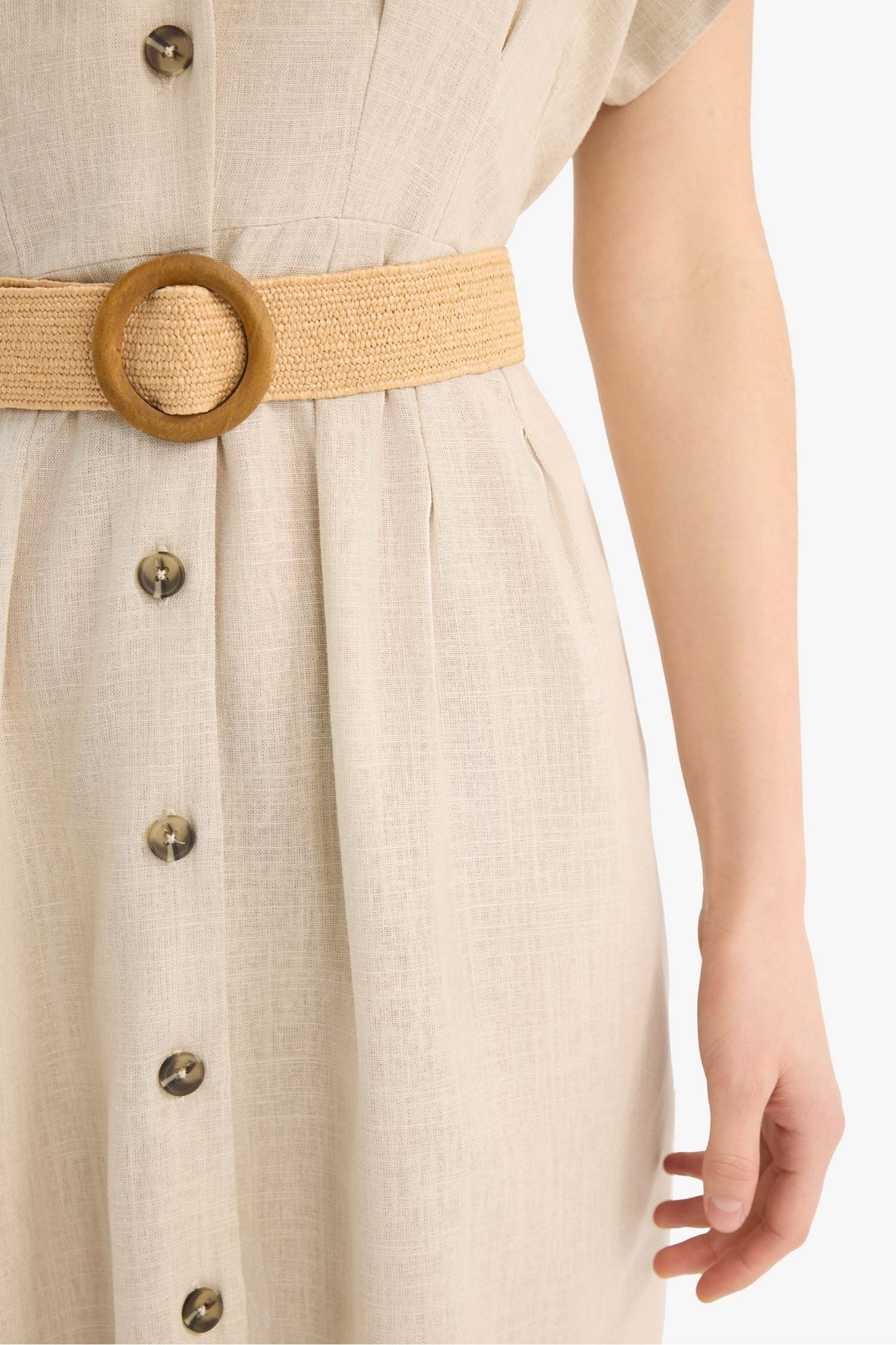 Shirt Collar Belted Linen Blend Mini Dress