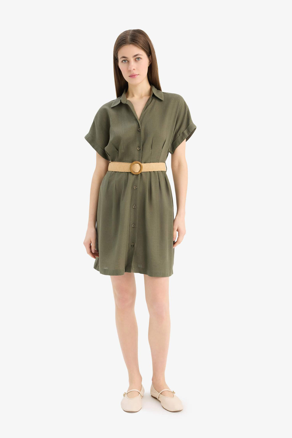 Shirt Collar Belted Linen Blend Mini Dress